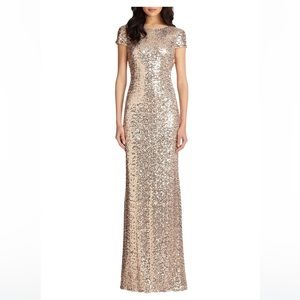 Badgley Mischka Cap-sleeve Sequin Cowl Back Gown - rose gold size 8